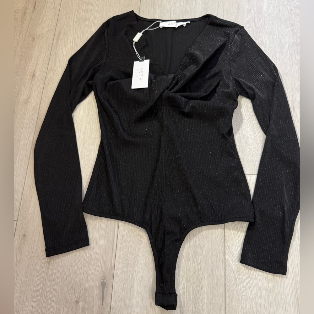 NWT! ASTR The Label Black Thong Bodysuit Woven Silver Tinsel (Nordstrom) - S